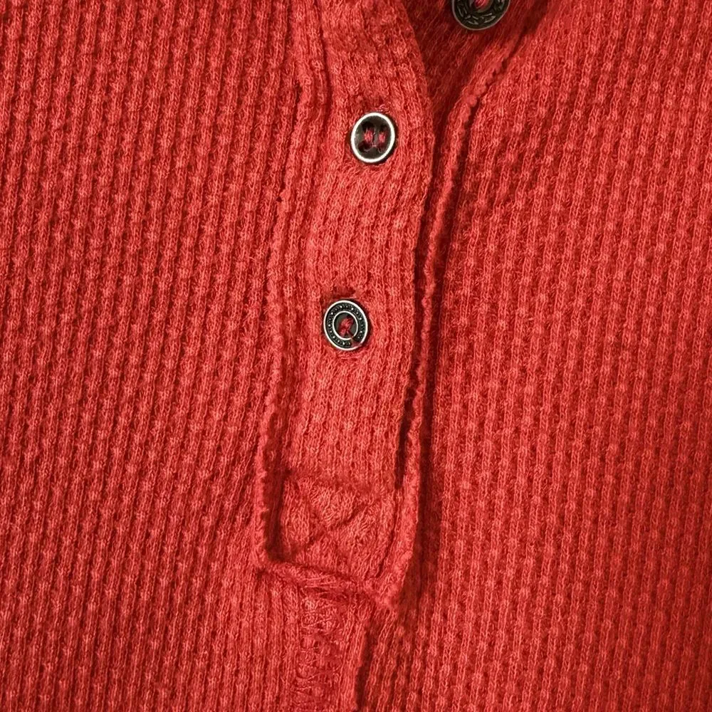 Free People Orange Red Thermal Ribbed Top Boho Contrast Knit Sleeve Henley LS M